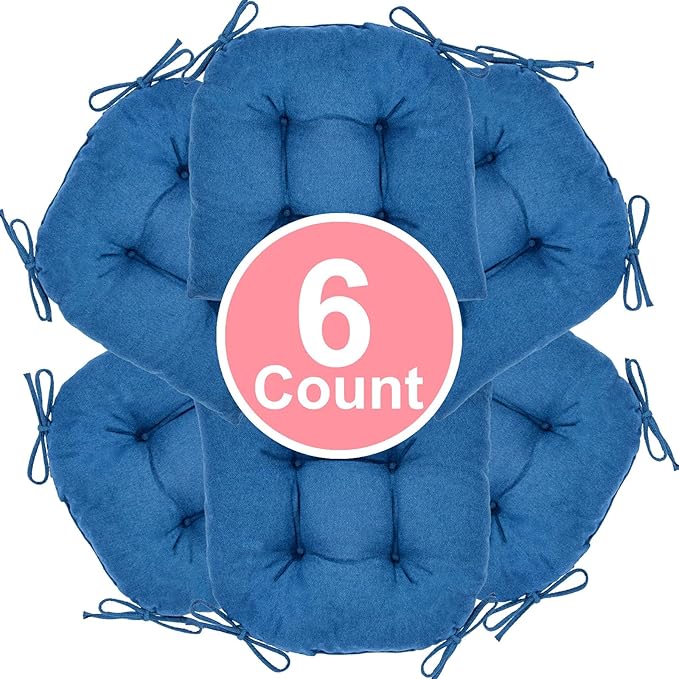 Chair Cushion, Chair Cushions for Dining Chairs, Chair Pads and Mat with Ties for Indoor Kitchen Seat and Desk (Prussian Blue, 6 Count - 17 x 16 in)