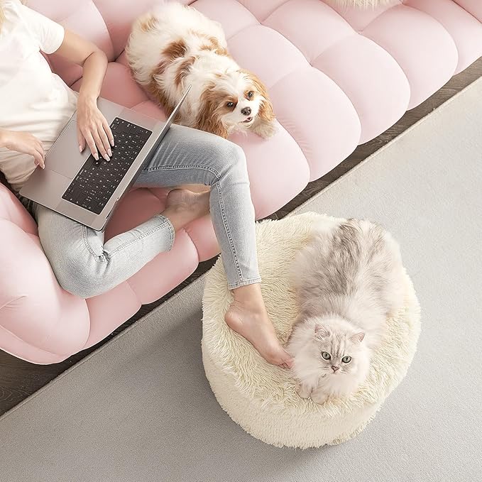 Hansleep Round Stuffed Pouf Ottoman 20 x 15, Foam Filled Faux Fur Ottoman Foot Rest for Chair with Washable Cover, Foot Stools Under Desk for Living Room & Bedroom, Beige