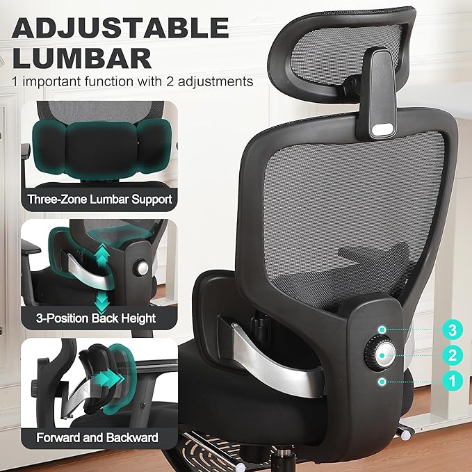 Ergonomic Office Chair with Footrest, Mesh Desk Chair with Adjustable Headrest & Armrests & Dynamic Floating Wing Lumbar Support, High Back Computer Chair for Home Office, BIFMA Certified, Black