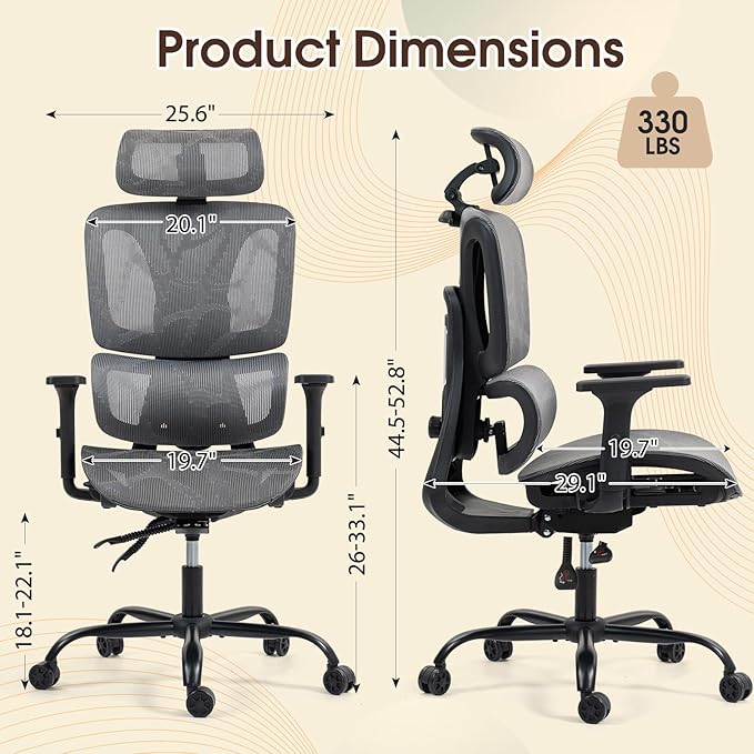 ECOTOUGE Ergonomic Office Chair, High Back Mesh Computer Chair with Lumbar Support, Adjustable Headrest & 3D Armrests, Reclining Desk Chair for Home, Gaming Chair for Adults, 330LBS Capacity, Grey