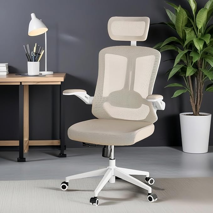 Ergonomic Office Chair - 350LB Comfy Desk Chairs with Adjustable Headrest and Lumbar Back Support, Mesh Computer Chairs with Wheels and Arms for Home Office, Study (Khaki-with Headrest)