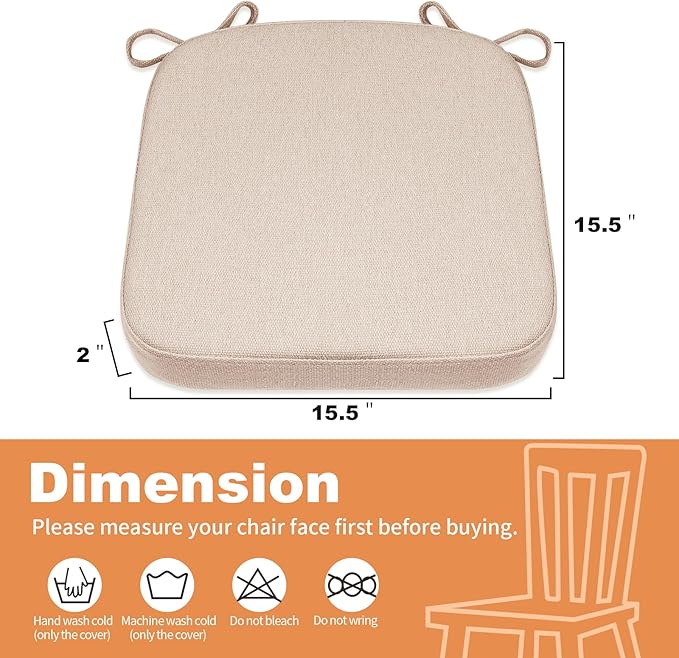SINOSSO Memory Foam Chair Cushions for Folding Chairs 4 Pack, Thickened 2" Square Pads with Ties for Kitchen Chairs, Indoor Non-Slip Dining Chair Seat Cushions (Set of 4, Oatmeal Beige)