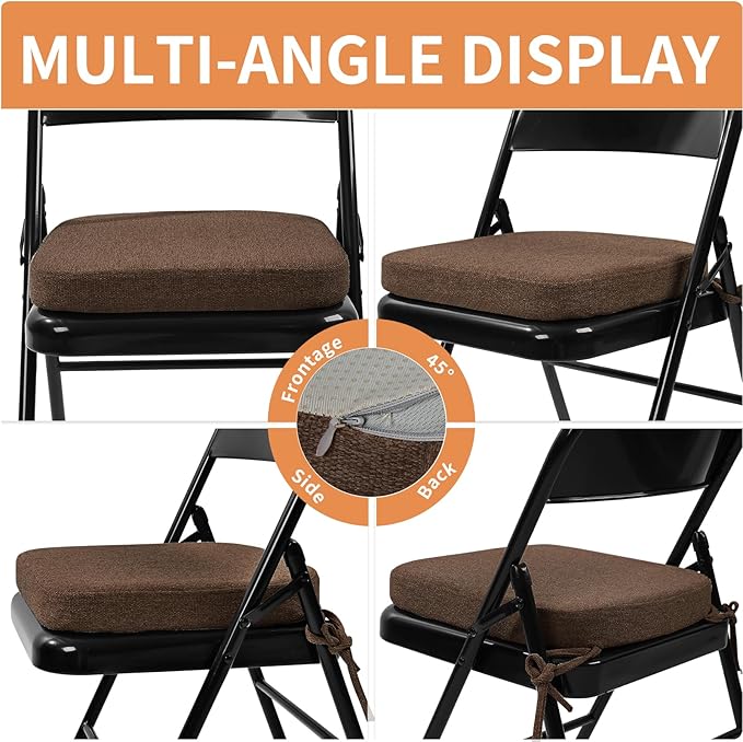 SINOSSO Memory Foam Chair Cushions for Folding Chairs 6 Pack, Thickened 2" Square Pads with Ties for Kitchen Chairs, Indoor Non-Slip Dining Chair Seat Cushions (Set of 6, Dark Brown)