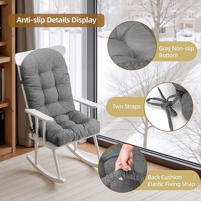 Rocking Chair Cushion - Lola Cotton-Linen Fabric, High-Density Sponge, Durable Comfort Non-Slip Bottom Tufted Seat Pads with Ties, Lola︱Slate Gray, 44x19x4 inch