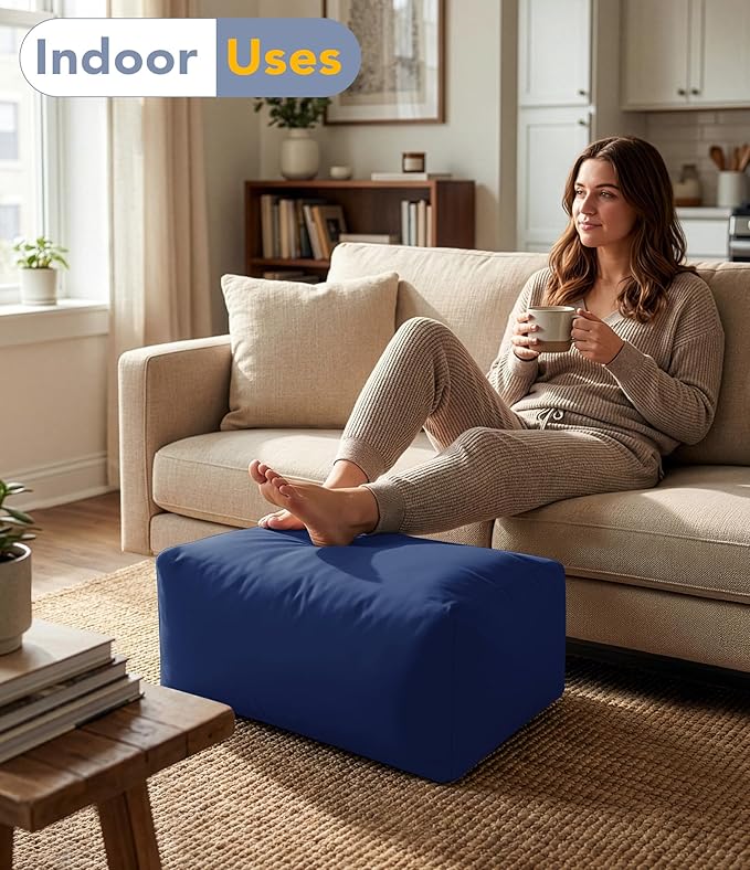 Outdoor Patio Bean Bag Ottoman - Small Beanbag Foot Rest Pouf Rectangular with Shredded Foam Filling, Splash-Proof Detachable Zipper Cover for Relaxing, Navy