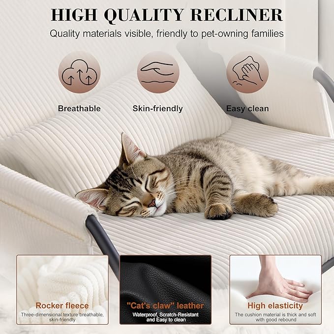 FelixKing Rocking Chair Nursery, Low-Seat Glider Chair, Upholstered Rocking Chair with Side Pocket and Foot Rest, Comfortable Modern Accent Armchair Recliner for Mom Nursery Living Room Bedroom Beige