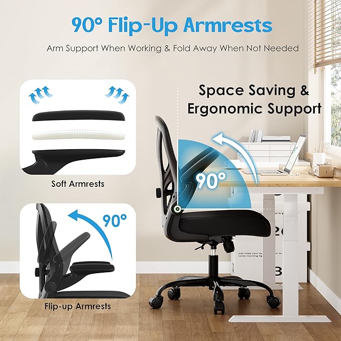 Office Chair Ergonomic Desk Chair - Mesh Computer Chair Breathable Task Chair with Wheels Adjustable Lumbar Support Home Desk Office Chairs with Flip up Armrest Black 2 Pack