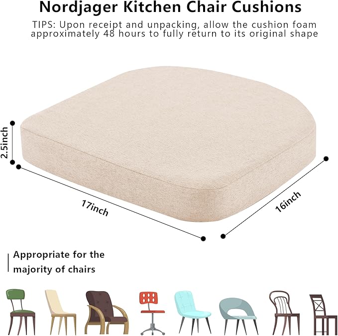 Nordjager Chair Cushions for Dining Chair Seat Set of 4, Memory Foam Chair Pads Help You Relief from Sedentary Discomfort in The Office or Kitchen and Dining Rooms(17" x 16" x 2.5", Beige)
