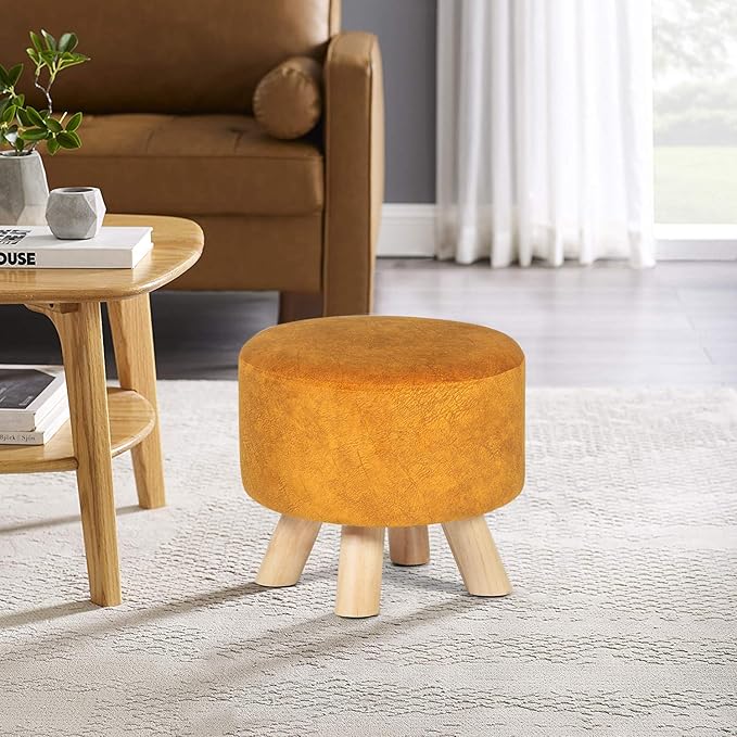 Homebeez Round Ottoman Stool Foot Rest Small Fabric Footstool with Non-Skid Legs (Dark Orange)