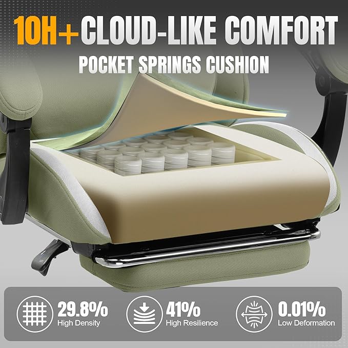 GTPLAYER Gaming Chair with Foot Rest & Pocket Spring Cushion, Ergonomic High Back Computer Desk Chair with Headrest & Lumbar Support for Back Pain Relief, Breathable Fabric, Green