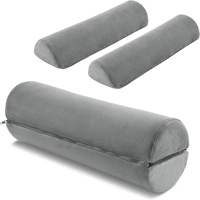 ROYALAY Neck Pillow for Sleeping Round Roll Pillow Including 2 Pack Half Moon Cervical Pillow, Foam Roll Pillow for Pain Reduce, Washable Bolster Pillow for Head Neck Back and Legs, Gray