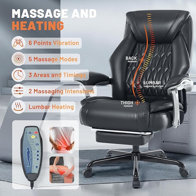 Massage Office Chair with Heat & Foot Rest, 6 Points Vibration, Ergonomic Executive Reclining Desk Chair, PU Leather Padded Seat for Home Office Comfort