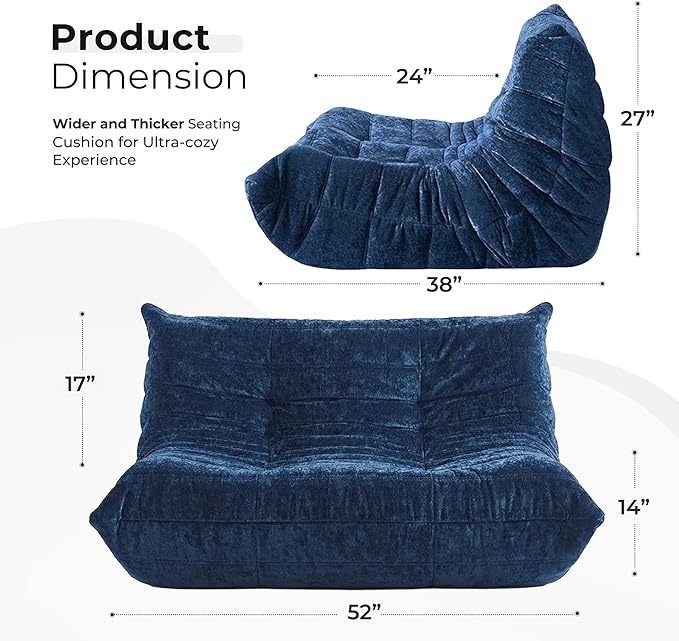 HABUTWAY Bean Bag Chair, Giant Bean Bag Chairs for Adults, Loveseat Fireside Chair, 2 Seater Lazy Bean Bag Sofa Memory Foam Couch for Living Room, Bedroom, Office (Navy Blue)