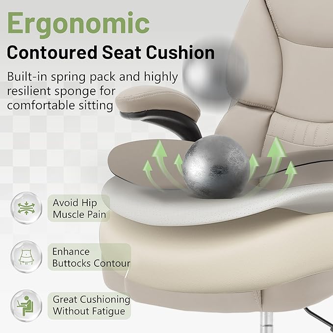 500LBS Drafting Chair, High Back Safer Standing Desk Chair, Executive Tall Office Chair with Flip-up Armrests, Upholstered PU Leather Task Chair, Ergonomic Seat with Adjustable Height&Foot Ring,Beige