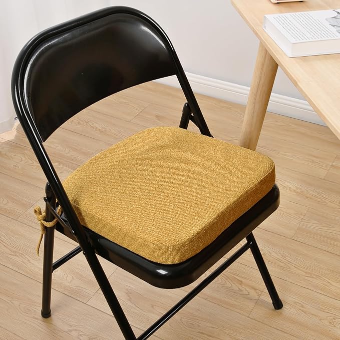 SINOSSO Memory Foam Chair Cushions for Folding Chairs 4 Pack, Thickened 2" Square Pads with Ties for Kitchen Chairs, Indoor Non-Slip Dining Chair Seat Cushions (Set of 4, Yellow)