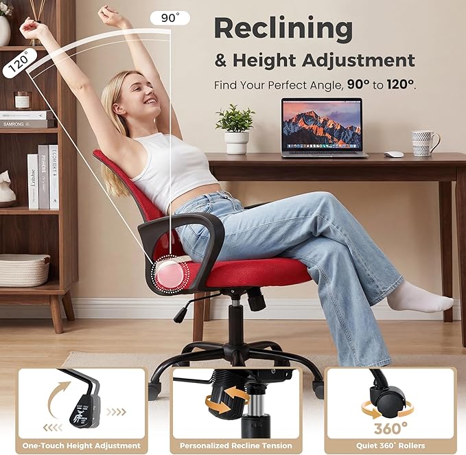 OLIXIS Office Desk Chair - Ergonomic Mid Back with Lumbar Support & Rocking Mode, Height Adjustable with Fixed Armrest, Storage Back for Computer, Gaming, Conference, Meeting Room, 360° Swivel, Red