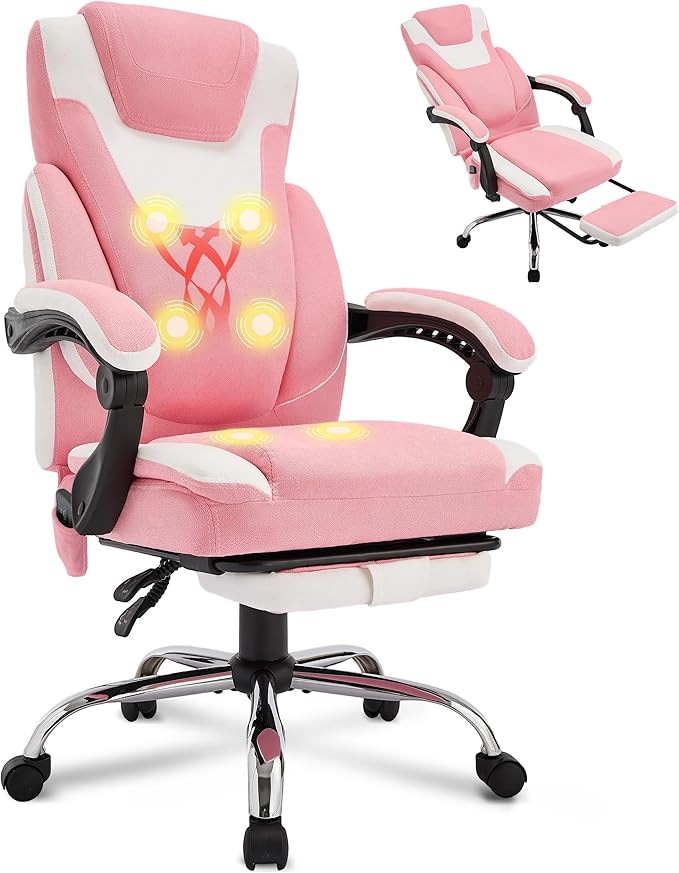 Massage Office Chair with Foot Rest,6-Point Vibration & Heat Reclining Computer Chair,Big and Tall Fabric Office Chair for Heavy People,Ergonomic Executive Desk Chair,High Back,PinkWhite