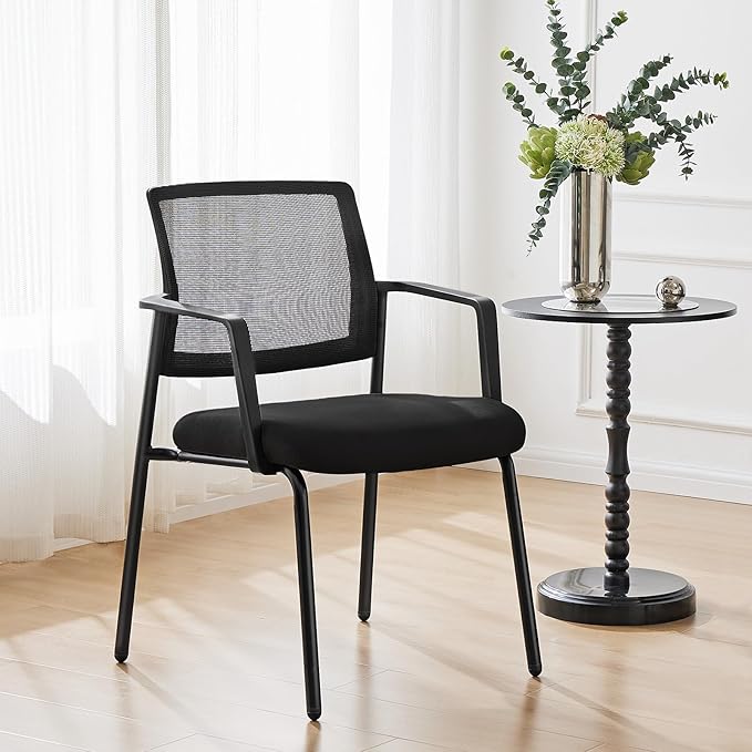 Sweetcrispy Mesh Back Stacking Arm Chairs, Upholstered Fabric Stacking Chairs, Sturdy Metal Office Chairs, Easy to Use and Store, Outdoor and Indoor, for Home, School, Party, Church, 4 Pack Black