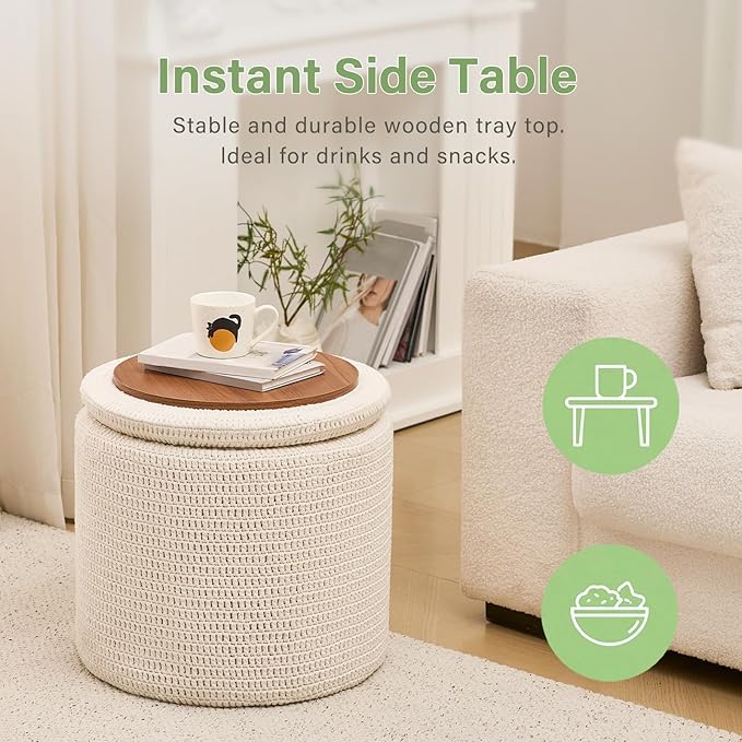 Wimarsbon Pouf Ottoman, 100% Cotton Knitted Boho Footstool, Round Footrest with Non-Skid Wood Legs, Home Décor Handmade Pouffe, Leisure Floor Step Stool for Living Room (18inch White Storage Ottoman)
