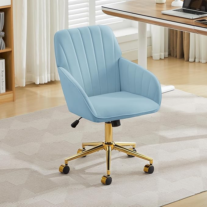 Velvet Home Office Desk Chair, Modern Cute Computer Task Chair with Back, Height Adjustable Upholstered Vanity Chair with Swivel Wheels for Women, Girls (Gold Base, Light Blue