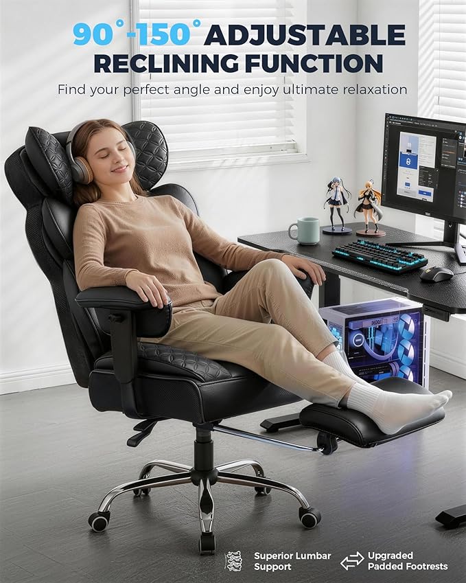 GTPLAYER Big and Tall Gaming Chair Ergonomic Heavy Duty Office Chair Racing Seat with Adjustable Lumbar Pillow Footrest 150° Reclining Thickened Armrests Breathable Mesh for Esports/PC Gaming