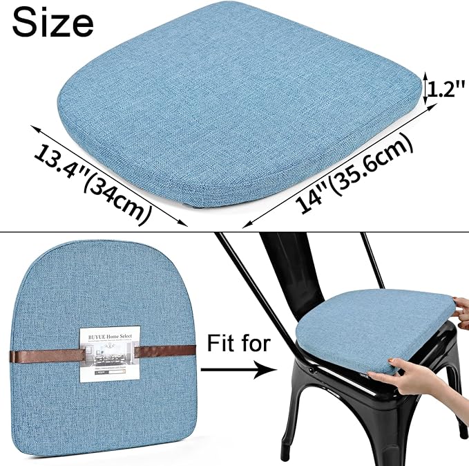 BUYUE Friendly Woven Fabric 14x14 Magnetic Cushions for Metal Chair Set of 4, Enhanced Anti-Slip Seat Pads for Dining Kitchen Café Stackable Chairs (U-Shape, Light Blue, 4 Counts)