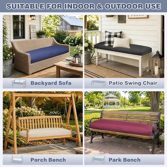 baibu 42Inch Outdoor Bench Cushion Waterproof, Bench Cushions for Outdoor Furniture, Dual-Layer Memory Foam atio Furniture Cushions, Porch Swing Seat Pad with Washable Cover & Ties, 42x16x3.5, Black