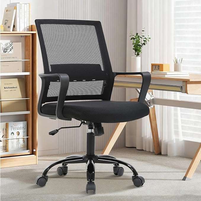 Ergonomic Office Chair, Comfortable Home Desk Chair, Breathable Mesh Back Computer Chair and Lumbar Support, Adjustable Height, Sponge Seat, Black