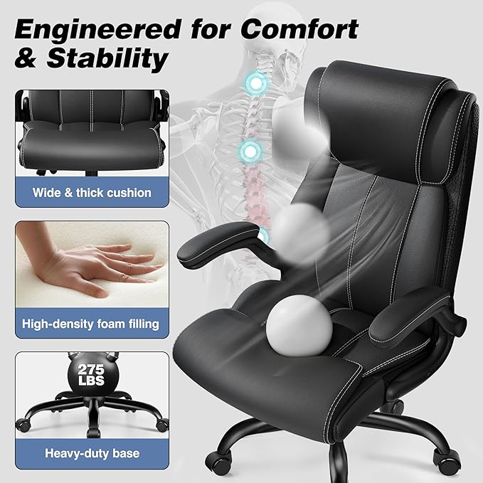 BESTFAIR Ergonomic Office Chair - Desk Computer Chair, Leather High Back Executive Chairs with Adjustable Lumbar Support & Flip Up Arms, Black 4 Pack