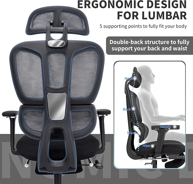 Ergonomic Office Chair with Footrest, 90-135° Reclining High Back Desk Chair with Lumbar Support, 2D Headrest, 4D Armrests, Computer Chair for Long Hours, Black