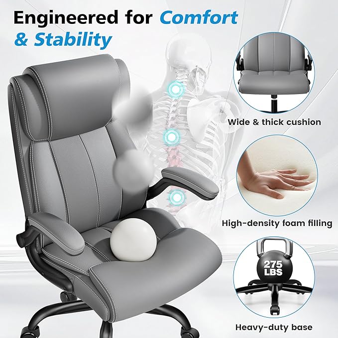 Ergonomic Office Chair – High Back Computer Desk Chair with Inflatable Lumbar Support & Flip-Up Arms, Heavy Duty PU Leather Executive Chair, Wide Seat, Long Hours, Light Gray