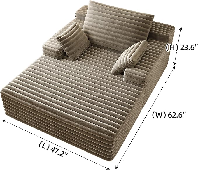62.6" Oversized Chaise Lounge Chair Indoor,Corduroy Boneless Couch for Living Room,Memory Foam Filled Lounger Sleeper Couch with Pillows,Compress Sofa Bed,No Assembly Required,Camel | Indoor, Corduroy Boneless, Memory Foam Filled, With Pillows, No Asse...