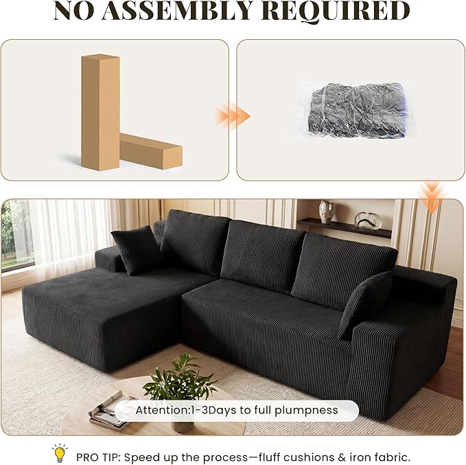 GRUSIGN Cloud Sectional Boneless Couches for Living Room, Modular L Shaped Couch with Deep Seat Oversized Left Facing Chaise, Memory Foam Compressed Spineless 3 Seater Sofa for Apartment, Black | No Assembly Required, Deep Seat, Cat-Claw Resistant, Hig...