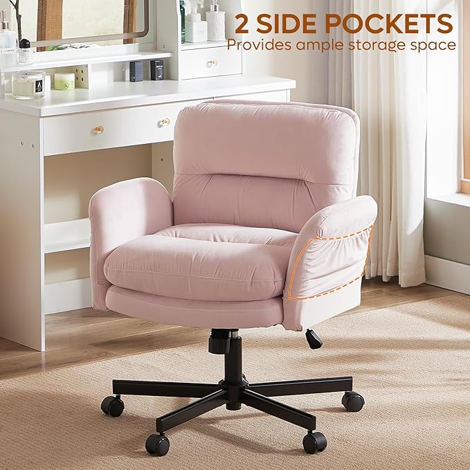Bestier Criss Cross Chair with Flip-Up Armrests, Swivel Makeup Vanity Chair with Wheels & Side Pockets, Cross Legged Office Chair for Home Office, Bedroom, Pink Velvet