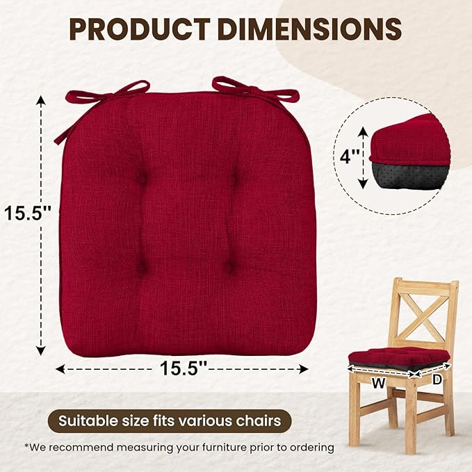 downluxe Indoor Chair Cushions for Dining Chairs, Tufted Overstuffed Textured Kitchen Chair Pads with Ties and Non-Slip Backing, 15.5" x 15.5" x 4", Red, 4 Pack