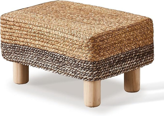 Wimarsbon Natural Seagrass Footstool Ottoman Rectangular Footrest Pouf Ottomans with Wooden Legs Hand Weave Step Stool for Living Room Bedroom Entryway Purple