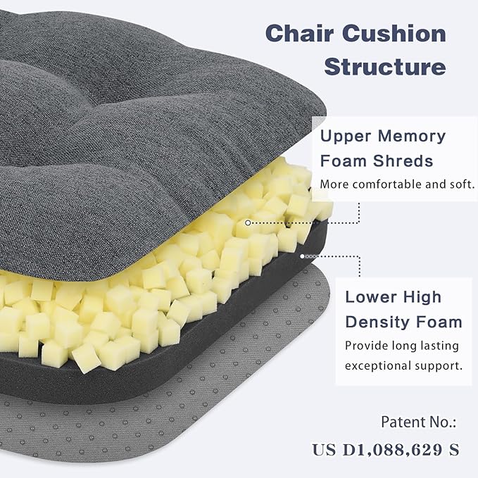 baibu Dining Chair Cushions, Dual-Layer Patent Design Memory Foam Kitchen Chair Cushions, Non-Slip Seat Pads with Ties, 16.5 x 16.5 x 3.5in, 1 Pack, Dark Grey