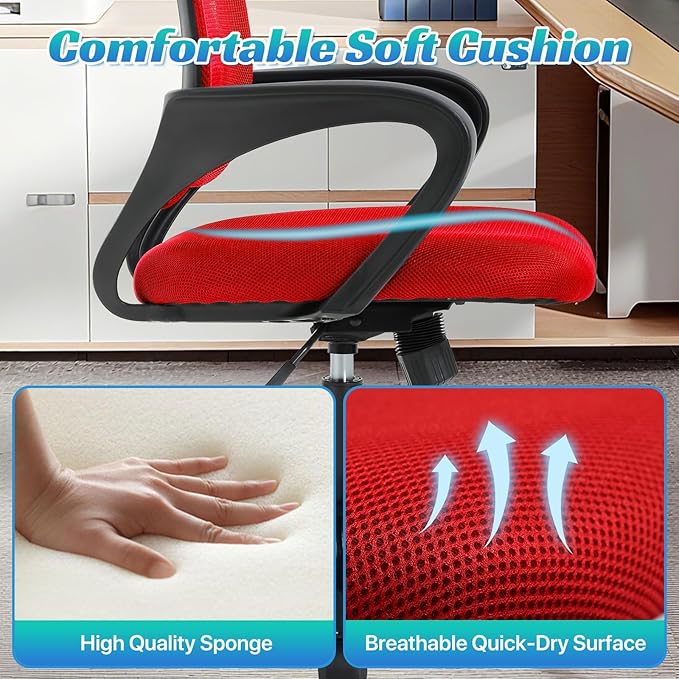 Ergonomic Office Chair Mesh Mid Back with Lumbar Support Armrest, Adjustable Home Desk Chair Comfy Computer Task Drafting Rolling Swivel Chairs for Gaming, Home Work, Study, Red
