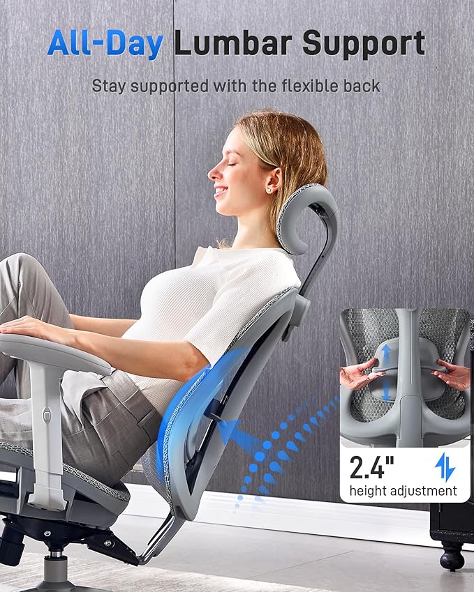 amseatec Ergonomic Office Desk Chair, Comfortable Computer Gaming Chair, Breathable Mesh Back & Seat, Adjustable Armrest & Headrest, Lumbar Support, Butterfly Design for Home Office, Gray