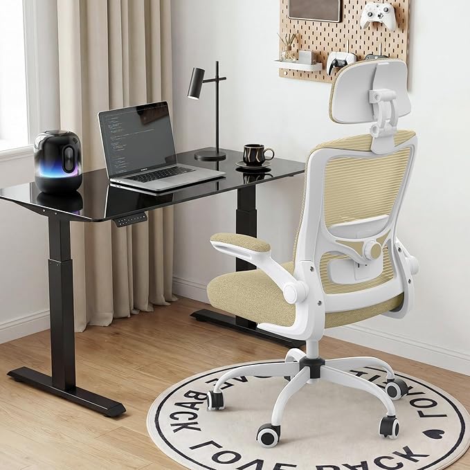 Office Chair, Ergonomic Mesh Desk Chair with Adjustable Lumbar Support and Headrest, Flip-up Armrests, High Back Computer Task Chair for Home and Executive Office (W-All Beige)