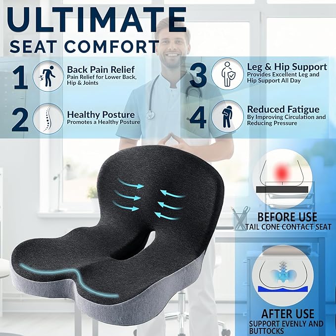 LITALARM Orthopedic Cushion,Back and Seat Cushion for Back Pressure Relief, Ergonomic Non Slip Memory Foam Seat Skin Sciatica Pad Cushions for Car,Truck, Desk,Gaming Chair (Grey)