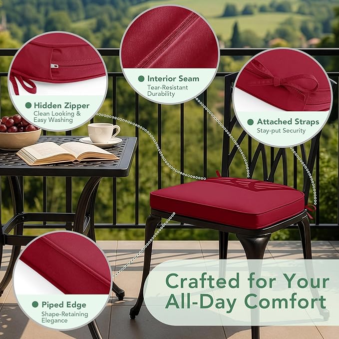 Outdoor Chair Cushions Set of 2: Waterproof & Fade Resistant Patio Furniture Cushions - 19 x 19 x 2 Inch Non Slip Round Corner Seat Cushion Pads with Removable Cover for Garden Yard Lawn, Burgundy