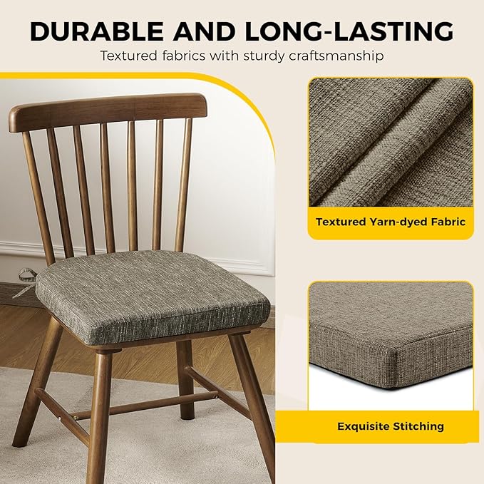 downluxe Indoor Chair Cushions for Dining Chairs, Soft and Comfortable Textured Foam Kitchen Chair Pads with Ties and Non-Slip Backing, 16" x 16" x 2", Khaki, 2 Pack