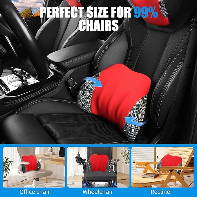Lumbar Support Pillow with Diamond, Memory Foam Lumbar Pillow for Office Chair for Lower Back Pain Relief, Car Lumbar Support for Driving Seat, Back Support Pillow for car Chair (Red)