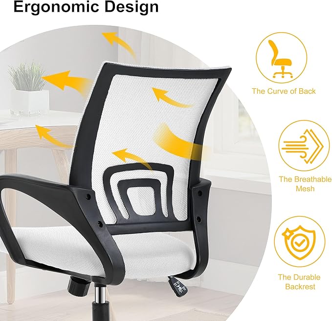 Computer Desk Chair,Work Chairs for Home Office,Ergonomic Office Chair with Lumbar Support,Mesh Office Chair with Arm and Wide Comfortable Seat,Adjustable Rolling Office Chair,White