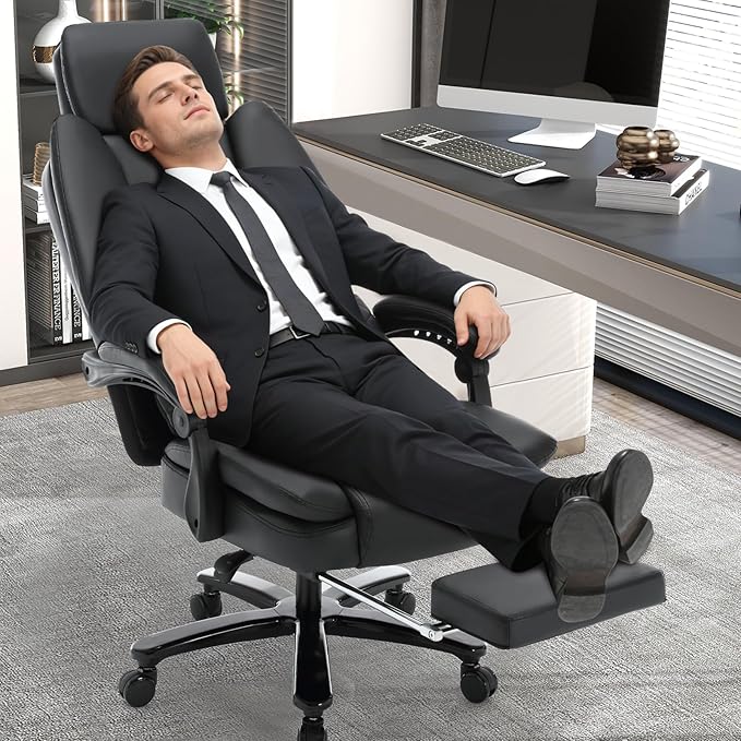 500lbs Plus Size Office Chair with Foot Rest, PU Leather Big and Tall Heavy Duty Reclining Office Desk Chair with Lumbar Support, Black