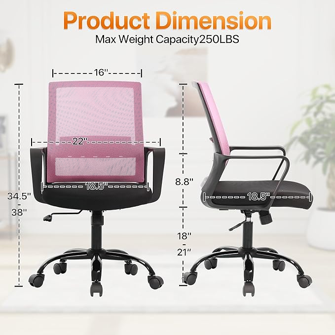 Ergonomic Office Chair, Comfortable Home Desk Chair, Breathable Mesh Back Computer Chair and Lumbar Support, Adjustable Height, Sponge Seat, Pink