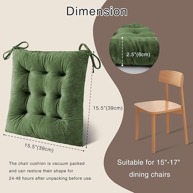 OVOV 4 Pack Chair Cushions for Dining Chairs Soft Seat Cushions for Kitchen Desk Chairs Square Chair Pads with Ties (15.5"x15.5" Green)