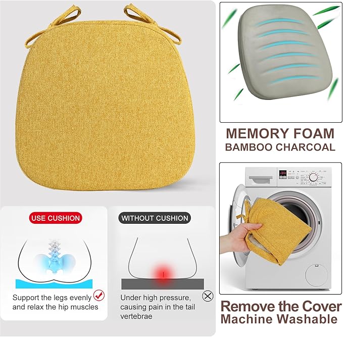 SINOSSO 6 Pack Memory Foam Chair Cushions for Dining Chairs, Friendly Woven Fabric 16" U-Shape Comfortable Kitchen Chair Pads, Removable Slip Resistant Seat Cushions (Set of 6, Yellow)