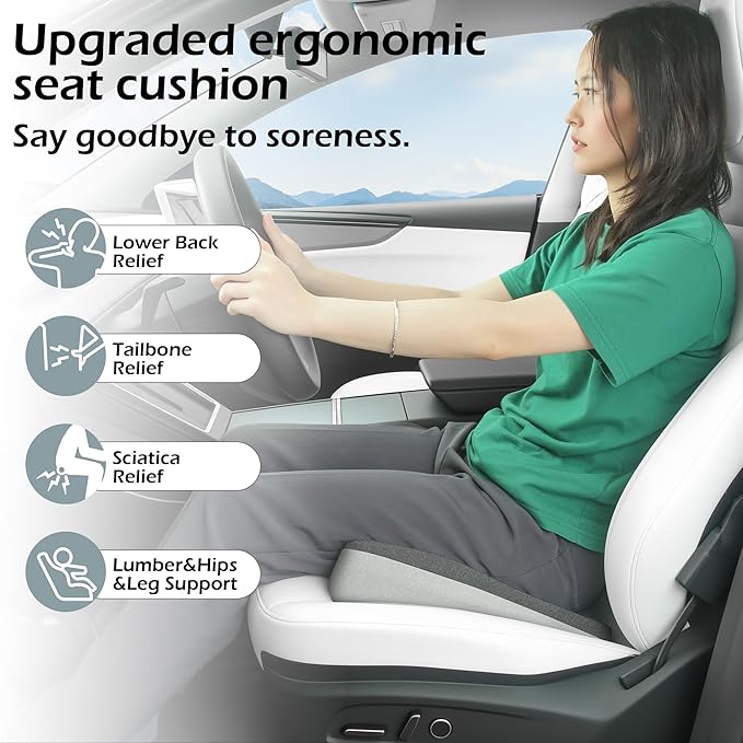 Car Seat Cushion, 2 in 1 Wedge Car Cushions or Lumbar Support for Driving, Extra Large Memory Foam Seat Cushion for Sciatica Pain Relief, Driver Seat Cushion for Car Truck, Black